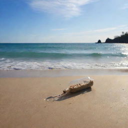 A message of love in a bottle drifting across a vast, glistening ocean, finally reaching a loved one on a sun-kissed secluded beach with anticipation for the precious contents inside the bottle.