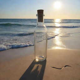 A message of love in a bottle drifting across a vast, glistening ocean, finally reaching a loved one on a sun-kissed secluded beach with anticipation for the precious contents inside the bottle.