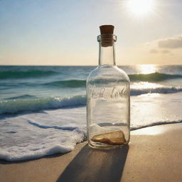 A message of love in a bottle drifting across a vast, glistening ocean, finally reaching a loved one on a sun-kissed secluded beach with anticipation for the precious contents inside the bottle.