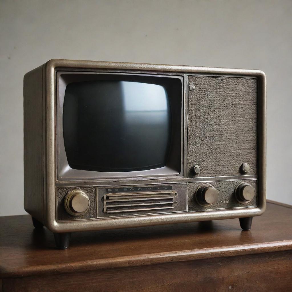 A dieselpunk-style television reminiscing of vintage radios, with a rugged, metallic casing, large dials and knobs for channel selection, and a grainy screen, all reflecting the aesthetics of diesel-based interwar technology