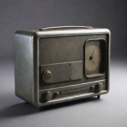 A dieselpunk-style television reminiscing of vintage radios, with a rugged, metallic casing, large dials and knobs for channel selection, and a grainy screen, all reflecting the aesthetics of diesel-based interwar technology