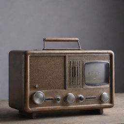 A dieselpunk-style television reminiscing of vintage radios, with a rugged, metallic casing, large dials and knobs for channel selection, and a grainy screen, all reflecting the aesthetics of diesel-based interwar technology