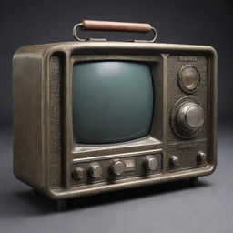 A dieselpunk-style television reminiscing of vintage radios, with a rugged, metallic casing, large dials and knobs for channel selection, and a grainy screen, all reflecting the aesthetics of diesel-based interwar technology