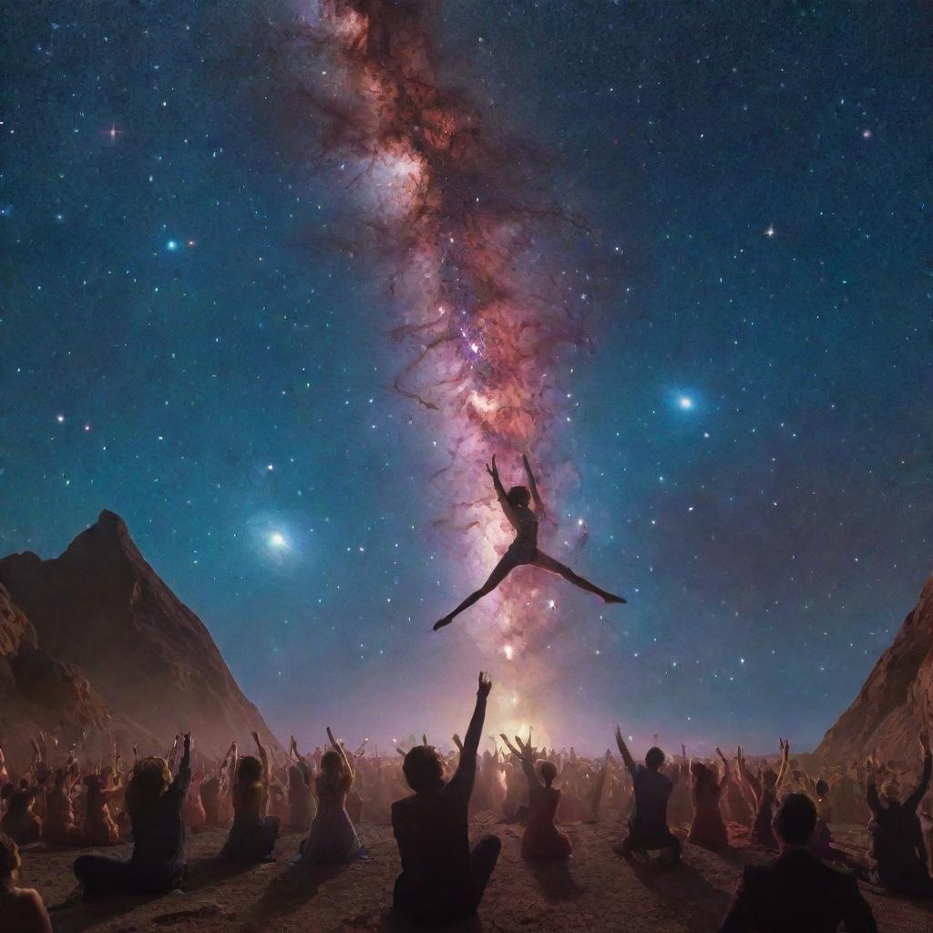 A cosmic spectacle featuring acrobats performing on comets, musicians jamming on asteroid instruments, and costumed revelers dancing amidst twinkling stars and glowing nebulae, all set against a backdrop of swirling galaxies.