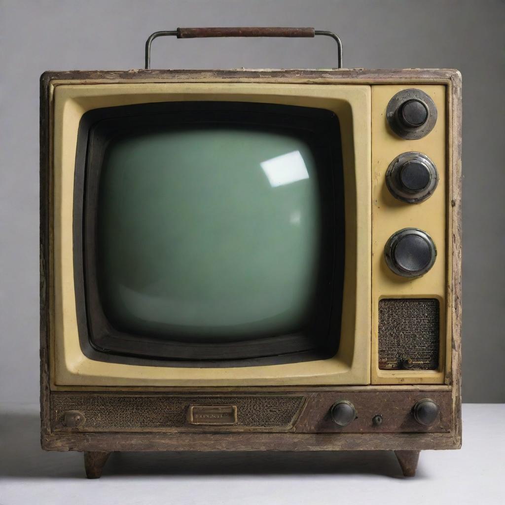 A Gaspunk-style television, recalling the aesthetics of early industrial revolution, with rugged design, gas-lit dials and a grainy screen, emitting a soft yellowish glow