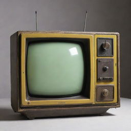 A Gaspunk-style television, recalling the aesthetics of early industrial revolution, with rugged design, gas-lit dials and a grainy screen, emitting a soft yellowish glow