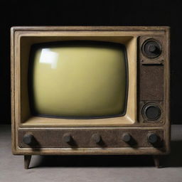 A Gaspunk-style television, recalling the aesthetics of early industrial revolution, with rugged design, gas-lit dials and a grainy screen, emitting a soft yellowish glow