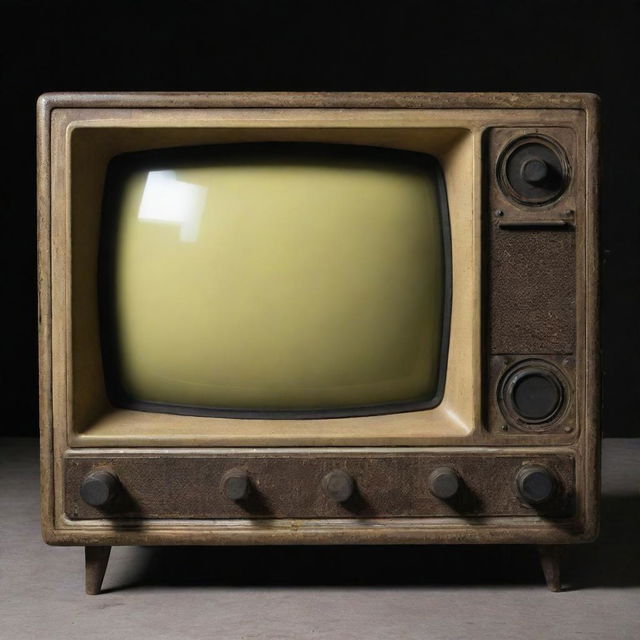 A Gaspunk-style television, recalling the aesthetics of early industrial revolution, with rugged design, gas-lit dials and a grainy screen, emitting a soft yellowish glow