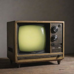 A Gaspunk-style television, recalling the aesthetics of early industrial revolution, with rugged design, gas-lit dials and a grainy screen, emitting a soft yellowish glow