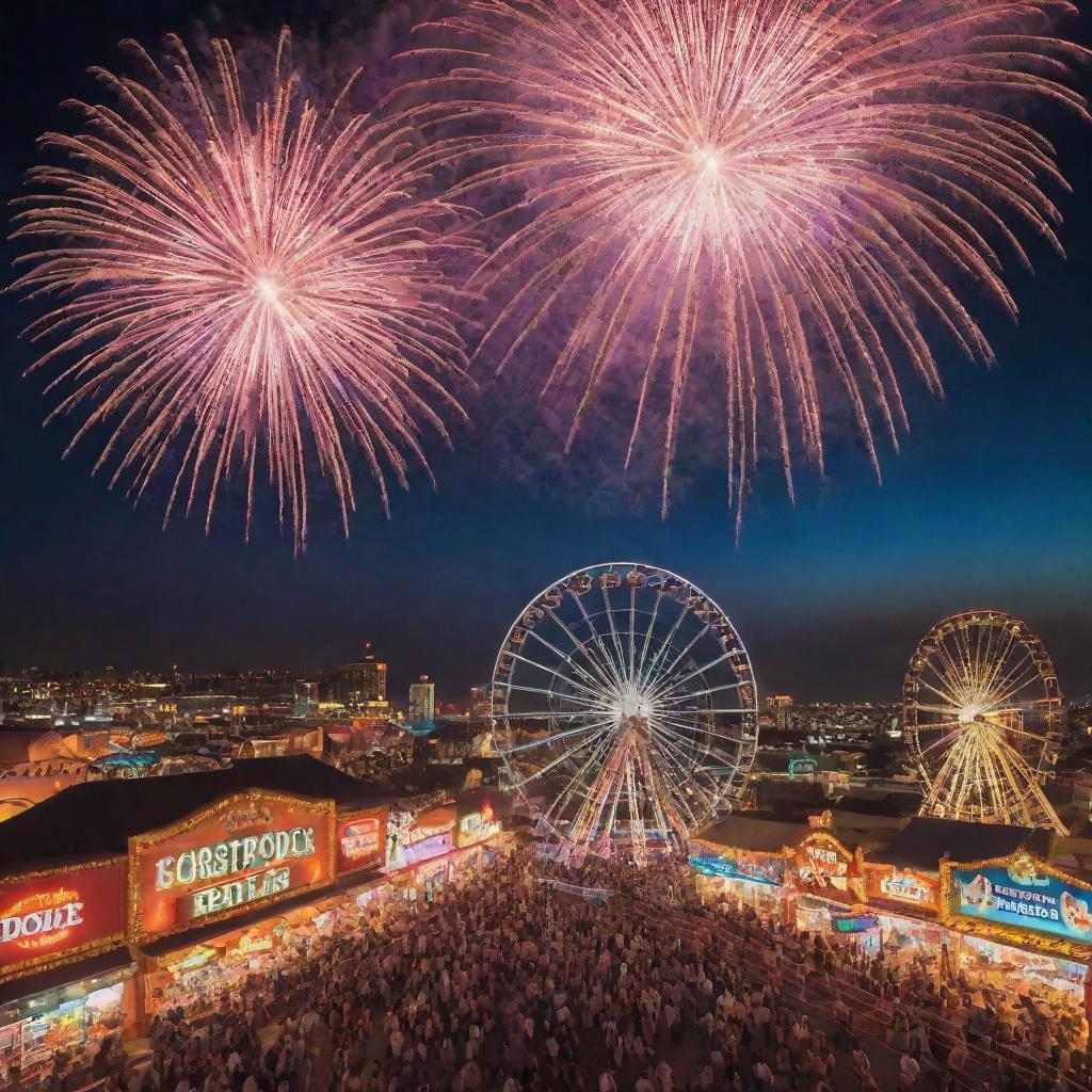 A vibrant and lively carnival scene filled with colorful rides, bustling food stalls, and joyous crowds. Fireworks light up the night sky above the illuminated Ferris wheel.