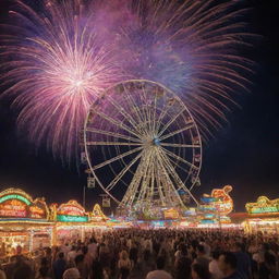 A vibrant and lively carnival scene filled with colorful rides, bustling food stalls, and joyous crowds. Fireworks light up the night sky above the illuminated Ferris wheel.