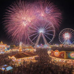 A vibrant and lively carnival scene filled with colorful rides, bustling food stalls, and joyous crowds. Fireworks light up the night sky above the illuminated Ferris wheel.