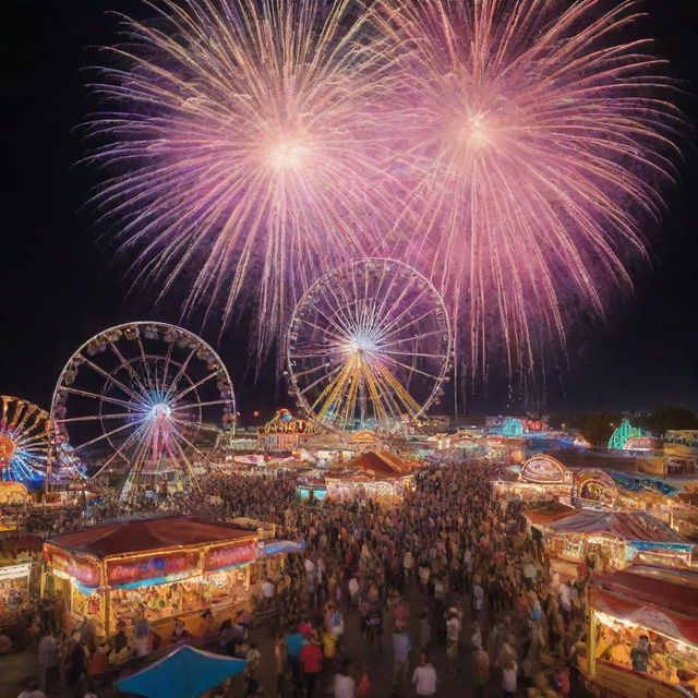 A vibrant and lively carnival scene filled with colorful rides, bustling food stalls, and joyous crowds. Fireworks light up the night sky above the illuminated Ferris wheel.