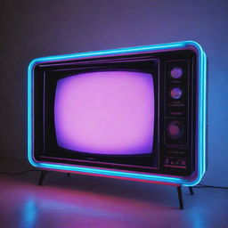 An electropunk-style television, with digital designs hosting vibrant neon lights, fitted with electronic gadgetry, and a futuristic, sleek structure