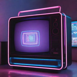 An electropunk-style television, with digital designs hosting vibrant neon lights, fitted with electronic gadgetry, and a futuristic, sleek structure