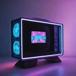 An electropunk-style television, with digital designs hosting vibrant neon lights, fitted with electronic gadgetry, and a futuristic, sleek structure