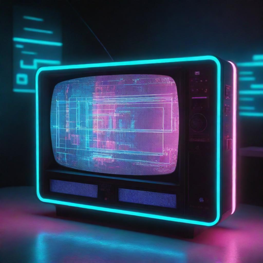 A cyberpunk-style television showcasing advanced digital interfaces, neon accents, high-tech, dystopian design, broadcasting multi-dimensional holographic content