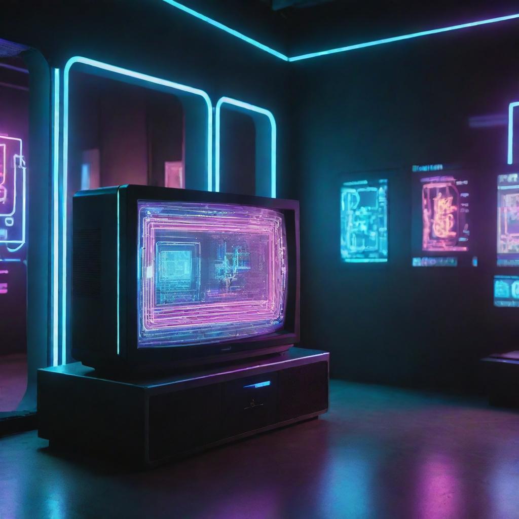 A cyberpunk-style television showcasing advanced digital interfaces, neon accents, high-tech, dystopian design, broadcasting multi-dimensional holographic content