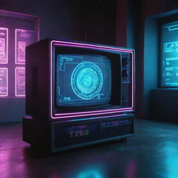 A cyberpunk-style television showcasing advanced digital interfaces, neon accents, high-tech, dystopian design, broadcasting multi-dimensional holographic content