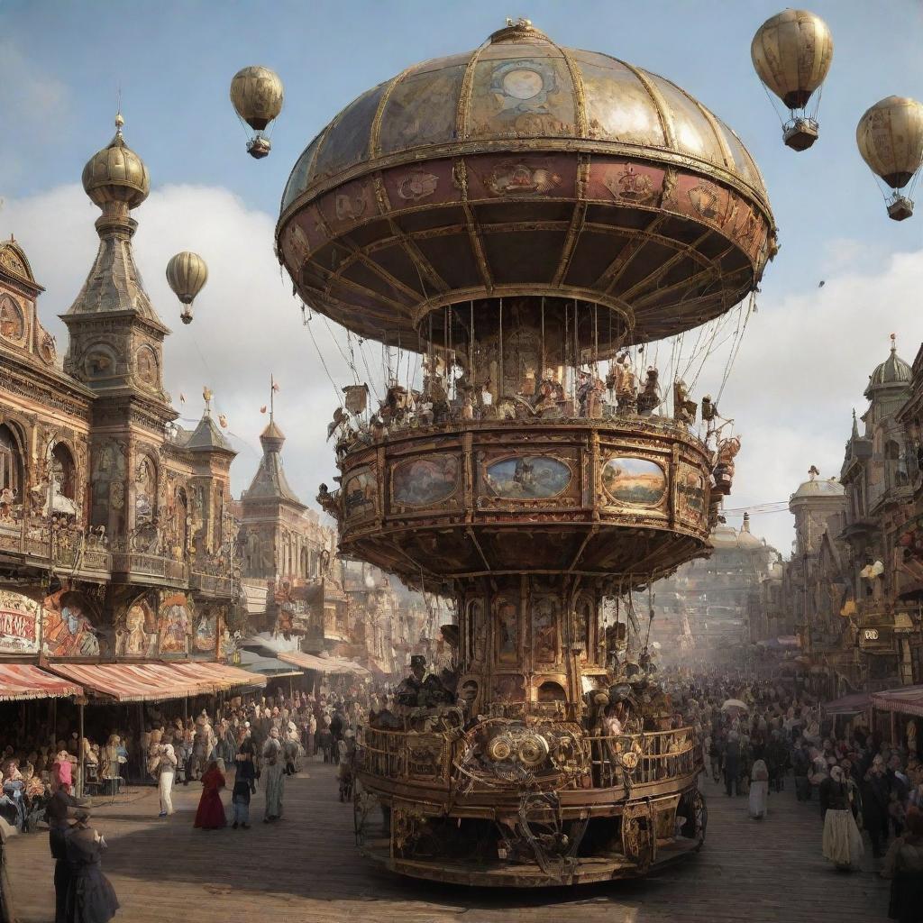 Victorian-era carnival filled with mechanical marvels. Robots adorned with cogs serving whimsical drinks, airships hovering overhead, and steam-powered rides whirling revelers through an intricate clockwork city.