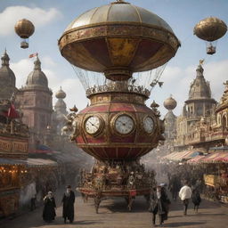 Victorian-era carnival filled with mechanical marvels. Robots adorned with cogs serving whimsical drinks, airships hovering overhead, and steam-powered rides whirling revelers through an intricate clockwork city.