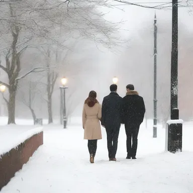 The couple walked hand in hand beneath the unseasonable snowfall, creating a romantic atmosphere.