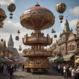 Victorian-era carnival filled with mechanical marvels. Robots adorned with cogs serving whimsical drinks, airships hovering overhead, and steam-powered rides whirling revelers through an intricate clockwork city.