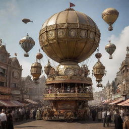 Victorian-era carnival filled with mechanical marvels. Robots adorned with cogs serving whimsical drinks, airships hovering overhead, and steam-powered rides whirling revelers through an intricate clockwork city.