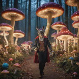 A magical carnival in a moonlit forest. Talking animals in masquerade masks mingle with humans, fairies illuminate paths with glowing orbs, and giant mushrooms provide whimsical thrones for costumed merrymakers.