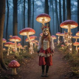 A magical carnival in a moonlit forest. Talking animals in masquerade masks mingle with humans, fairies illuminate paths with glowing orbs, and giant mushrooms provide whimsical thrones for costumed merrymakers.