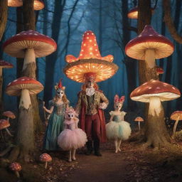 A magical carnival in a moonlit forest. Talking animals in masquerade masks mingle with humans, fairies illuminate paths with glowing orbs, and giant mushrooms provide whimsical thrones for costumed merrymakers.