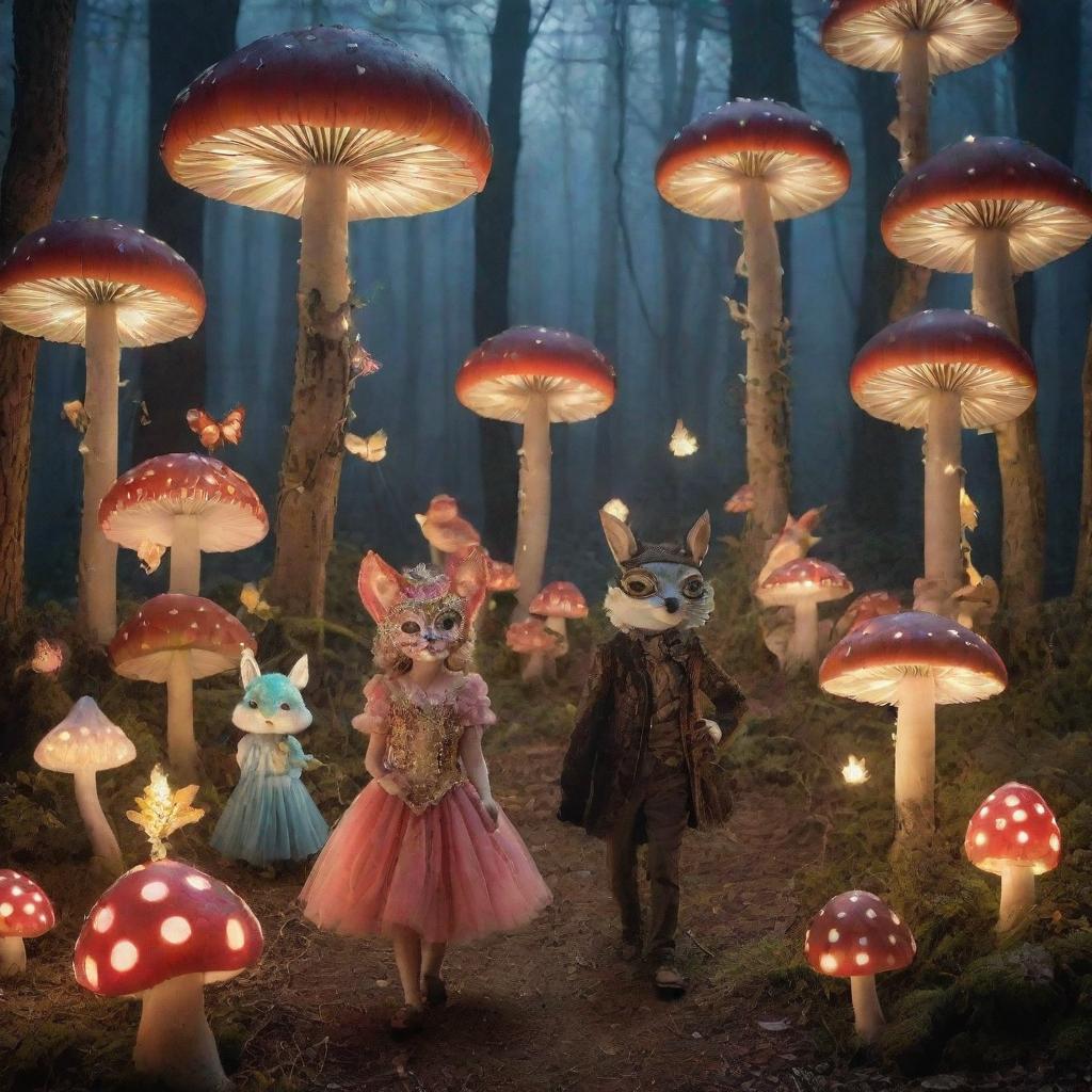 A magical carnival in a moonlit forest. Talking animals in masquerade masks mingle with humans, fairies illuminate paths with glowing orbs, and giant mushrooms provide whimsical thrones for costumed merrymakers.