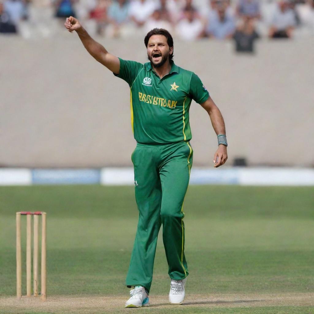 Generate an image of Shahid Afridi, the renowned Pakistani cricketer, in his typical cricket attire, striking a ball with fervor during a day game.