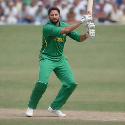 Generate an image of Shahid Afridi, the renowned Pakistani cricketer, in his typical cricket attire, striking a ball with fervor during a day game.