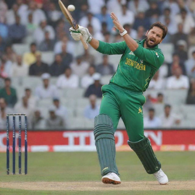 Generate an image of Shahid Afridi, the renowned Pakistani cricketer, in his typical cricket attire, striking a ball with fervor during a day game.