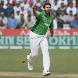 Generate an image of Shahid Afridi, the renowned Pakistani cricketer, in his typical cricket attire, striking a ball with fervor during a day game.