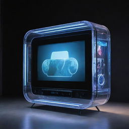 An Airpunk-style television featuring transparent screens, holographic interfaces, lightweight and floating design elements, encapsulating the whimsical aesthetics of Airpunk