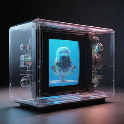 An Airpunk-style television featuring transparent screens, holographic interfaces, lightweight and floating design elements, encapsulating the whimsical aesthetics of Airpunk