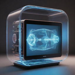 An Airpunk-style television featuring transparent screens, holographic interfaces, lightweight and floating design elements, encapsulating the whimsical aesthetics of Airpunk