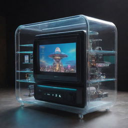 An Airpunk-style television featuring transparent screens, holographic interfaces, lightweight and floating design elements, encapsulating the whimsical aesthetics of Airpunk