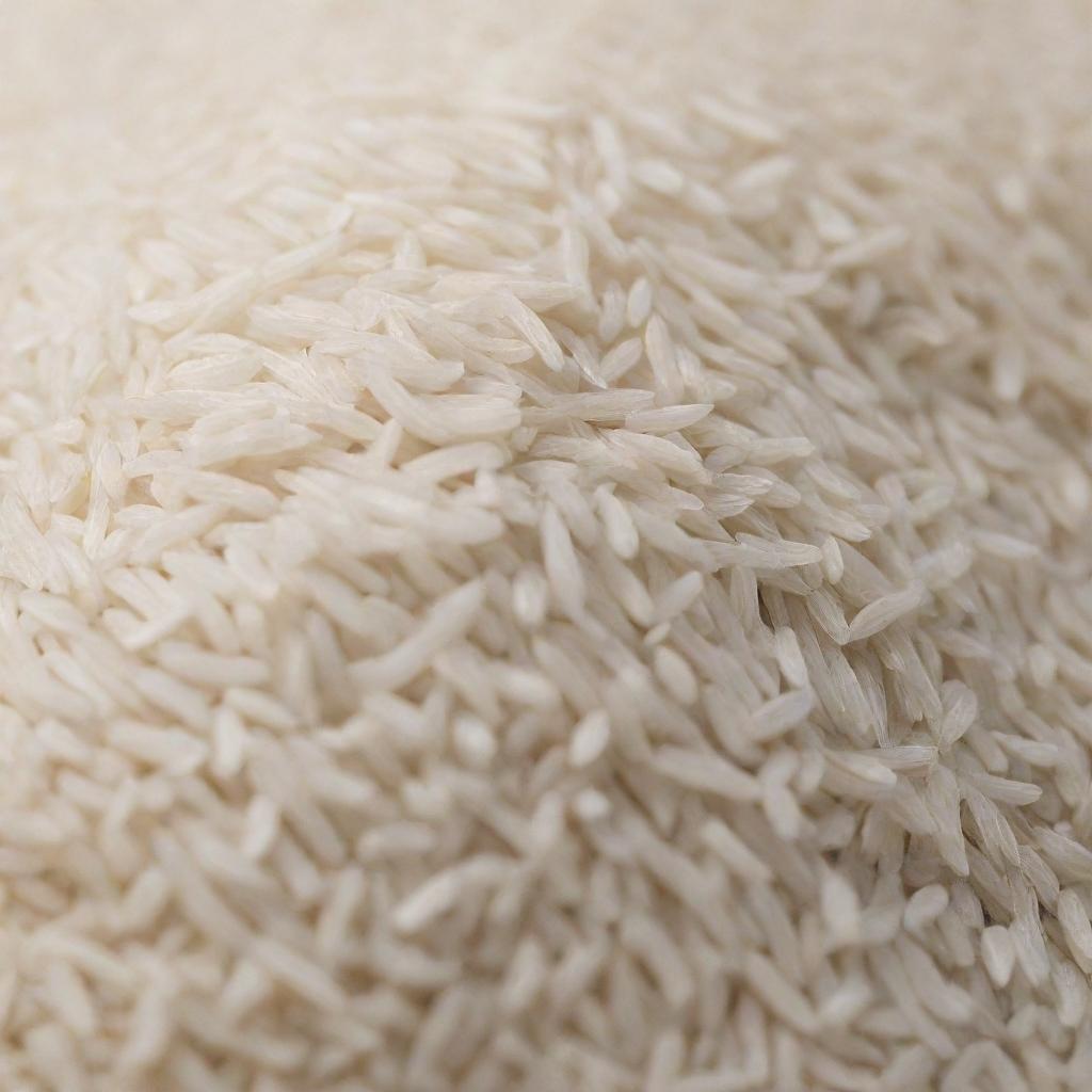 Close-up image of raw Basmati rice grains showcasing their unique, long, slender shape and pearly white color.