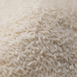 Close-up image of raw Basmati rice grains showcasing their unique, long, slender shape and pearly white color.