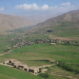 Scenic view of the beautiful Kurdistan landscape, showcasing mountains, green fields and traditional dwellings.