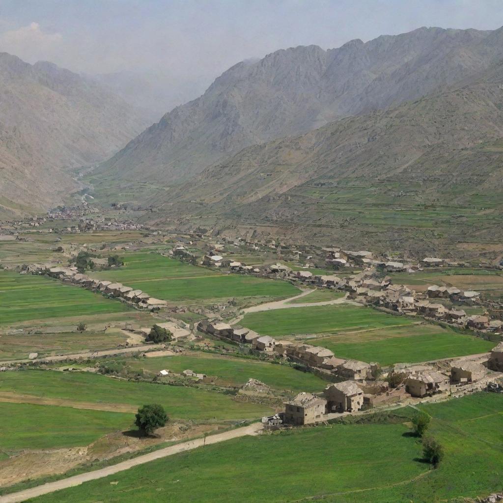 Scenic view of the beautiful Kurdistan landscape, showcasing mountains, green fields and traditional dwellings.