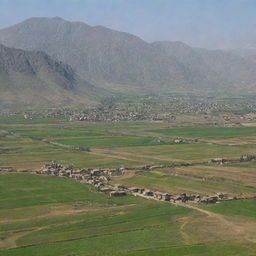 Scenic view of the beautiful Kurdistan landscape, showcasing mountains, green fields and traditional dwellings.