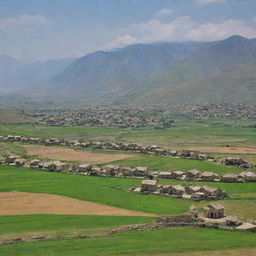 Scenic view of the beautiful Kurdistan landscape, showcasing mountains, green fields and traditional dwellings.