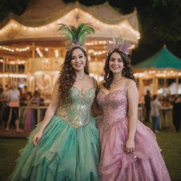 A magical carnival filled with bohemian and fairytale influences. Exquisite characters in whimsical costumes, lush greenery twinkling with fairy lights, a carousel with mythical creatures, and vibrant tents showcasing mystic performances.