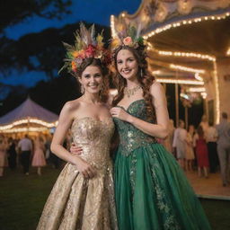 A magical carnival filled with bohemian and fairytale influences. Exquisite characters in whimsical costumes, lush greenery twinkling with fairy lights, a carousel with mythical creatures, and vibrant tents showcasing mystic performances.