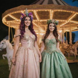 A magical carnival filled with bohemian and fairytale influences. Exquisite characters in whimsical costumes, lush greenery twinkling with fairy lights, a carousel with mythical creatures, and vibrant tents showcasing mystic performances.