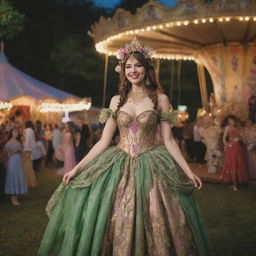 A magical carnival filled with bohemian and fairytale influences. Exquisite characters in whimsical costumes, lush greenery twinkling with fairy lights, a carousel with mythical creatures, and vibrant tents showcasing mystic performances.